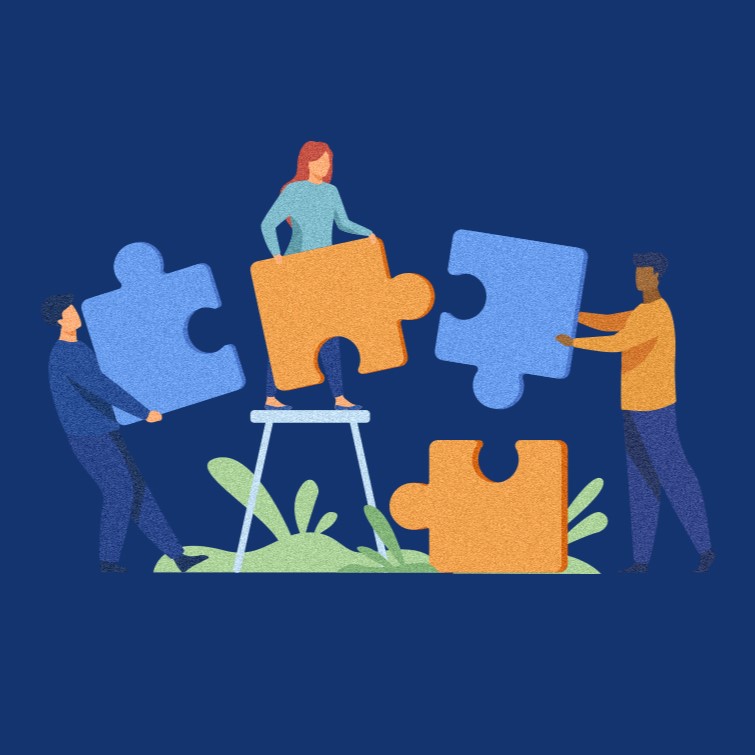 Ilustração de pessoas trabalhando em equipe com peças de quebra-cabeça